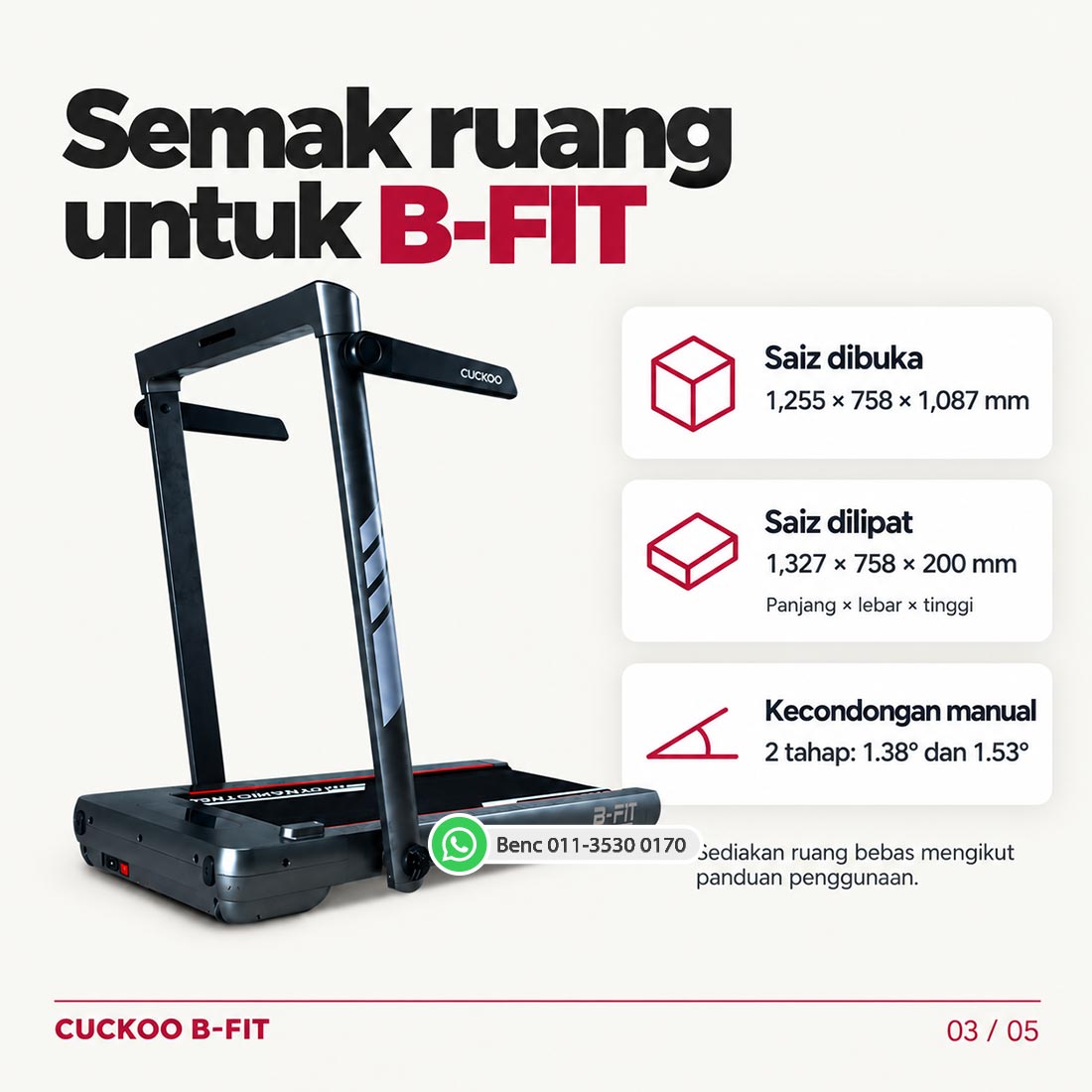 CUCKOO B-FIT Treadmill: Saiz dan penyimpanan