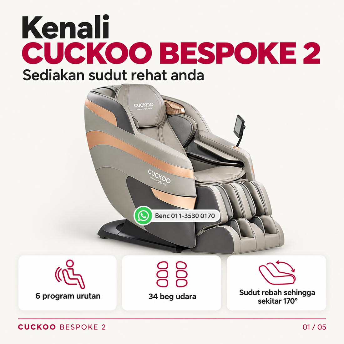 CUCKOO BESPOKE 2 Massage Chair: Ciri utama