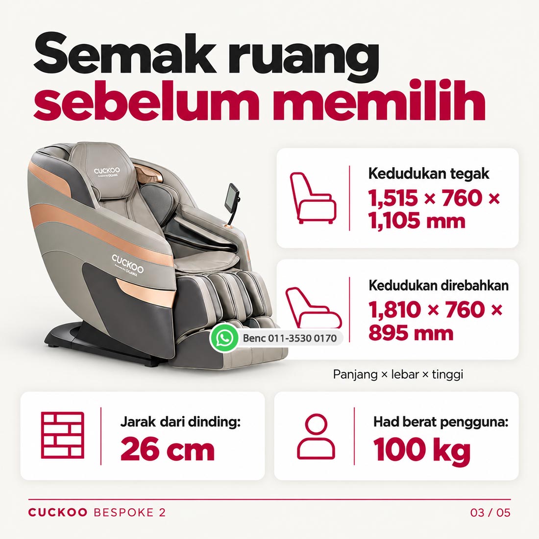 CUCKOO BESPOKE 2 Massage Chair: Saiz dan ruang