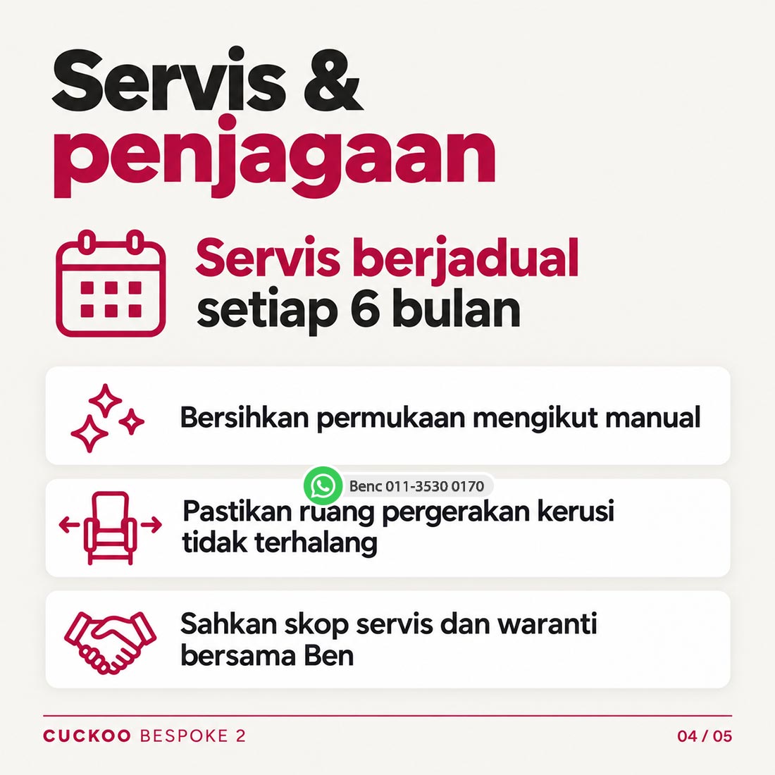 CUCKOO BESPOKE 2 Massage Chair: Servis dan penjagaan