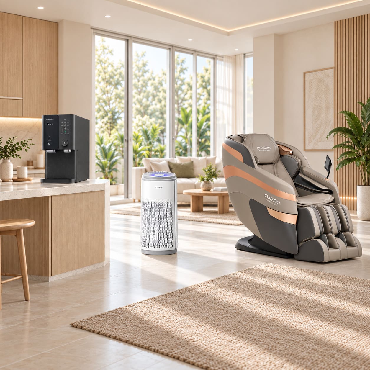 Ilustrasi CUCKOO GRANITE, penapis udara K Model dan BESPOKE Massage Lounger di kediaman moden