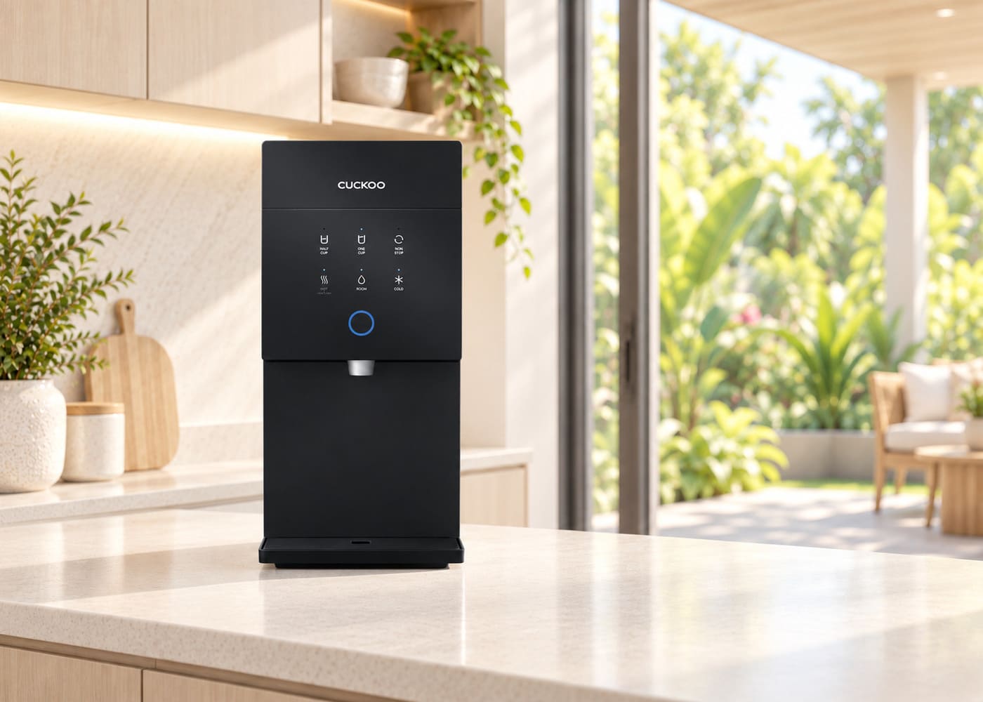 Ilustrasi penapis air CUCKOO XCEL 2 di dapur rumah dengan pemandangan taman tropika