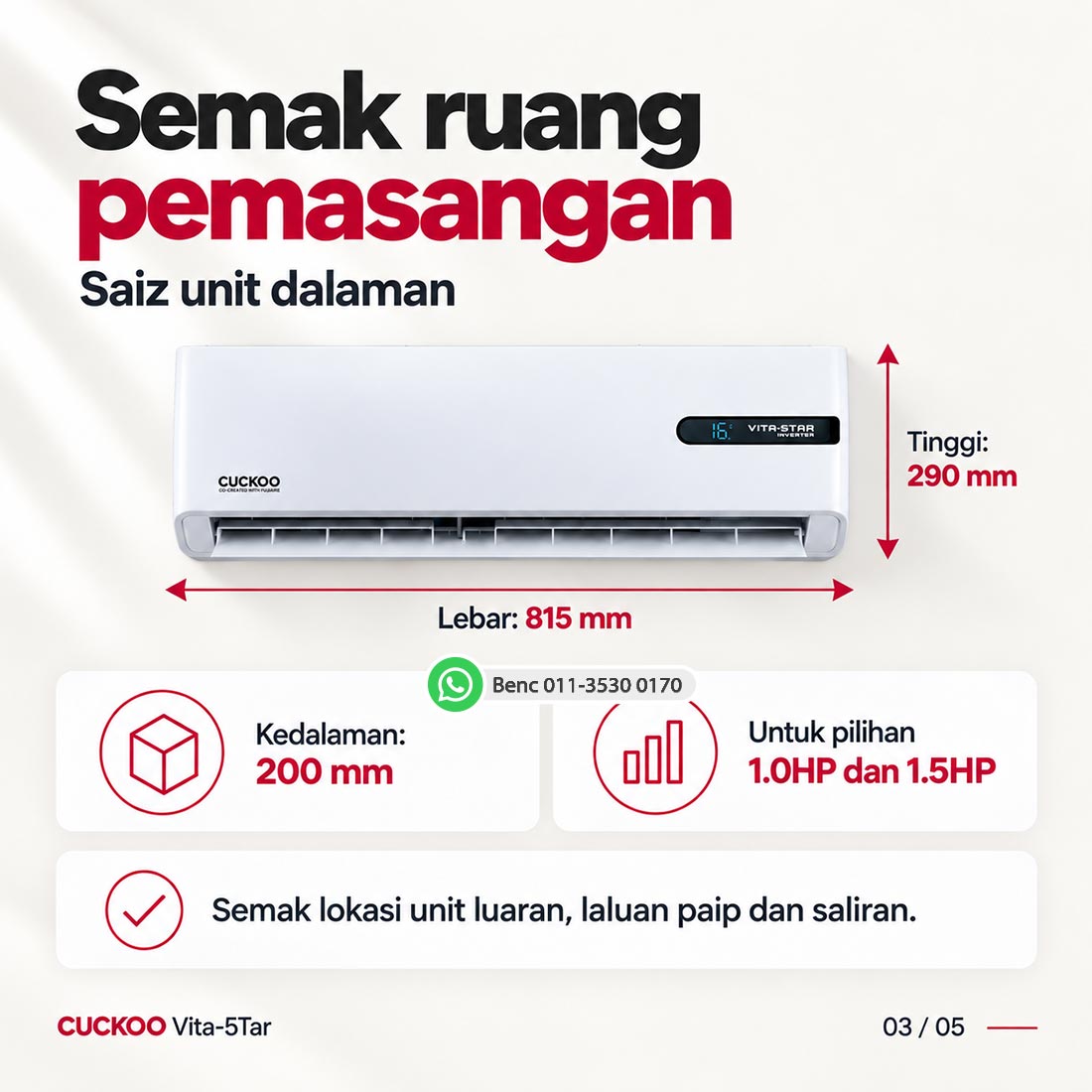 CUCKOO Vita-5Tar: Saiz dan pemasangan