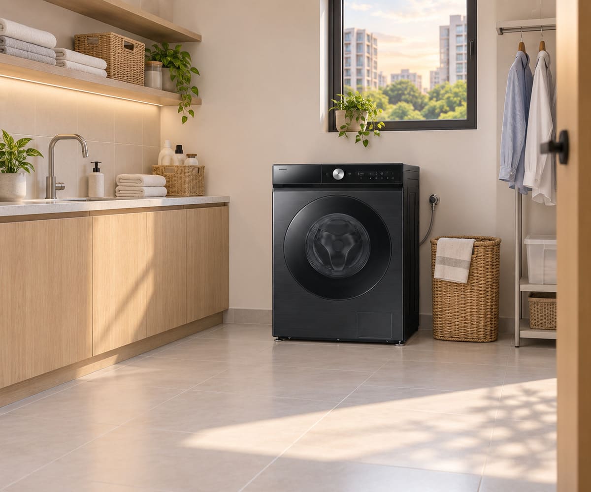 Samsung Bespoke AI Laundry Combo AI Ecobubble 12/7kg di bilik dobi rumah