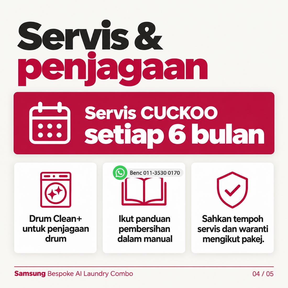 Samsung Bespoke AI Laundry Combo AI Ecobubble 12/7kg: Servis dan penjagaan